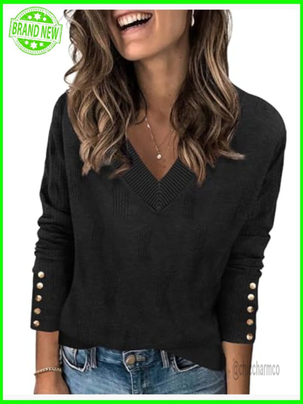 Lightweight Ribbed Knit Pullover Sweater with V-Neck and Button Cuffs - Picture 2 of 7